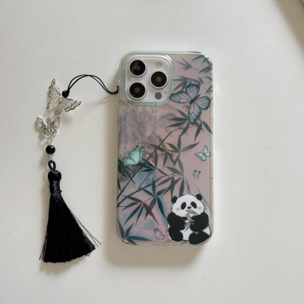 Aesthetic Clear Phone Case with Black and White Panda and Butterfly Pattern, Cute Cartoon Style, Transparent Soft TPU Protective Phone Cover with Lanyard
