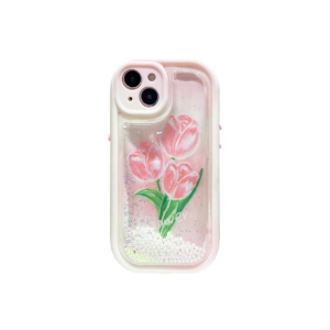 Dreamy Blue Floral Glitter Waterfall Phone Case, Clear Sparkle Liquid Floating Case with Cute Flower Design, Girly Chic Phone Cover