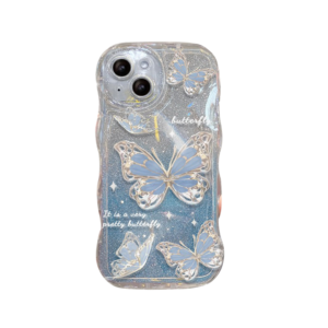 Dreamy Blue Glitter Butterfly Phone Case with Liquid Sparkle and Cute Design