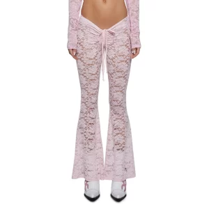 Women Lace Pants Low Waist Drawstring See-through  Fit Flare Pants Long Trousers