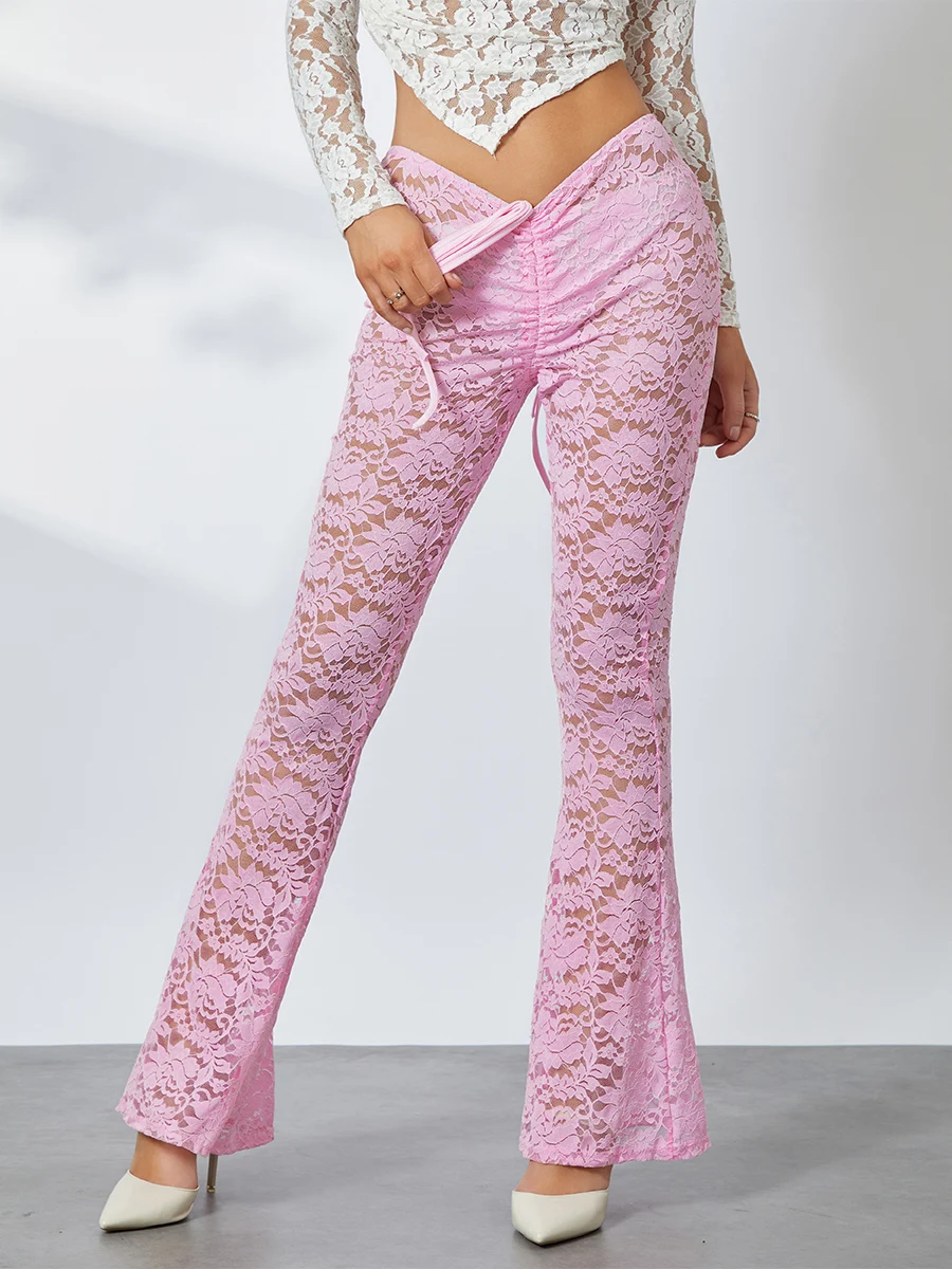 Women Lace Pants Low Waist Drawstring See-through Fit Flare Pants Long Trousers - Image 4