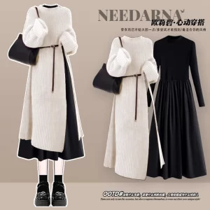 Autumn Winter Knitted Dr Set Women's Slimming Waist Cinched Long Skirt Two-Piece Ensemble Ele French Sle Pure Color