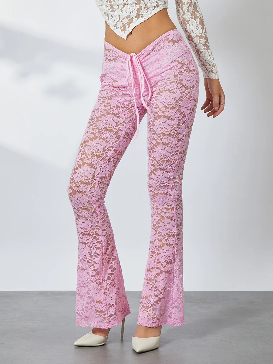 Women Lace Pants Low Waist Drawstring See-through Fit Flare Pants Long Trousers - Image 2