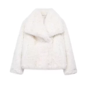 HH Women Fashion Cropped Faux Fur Jacket Coat Long Sleeve Front Snap-button Female Outerwear Chic Lapel Collar Thick Coat