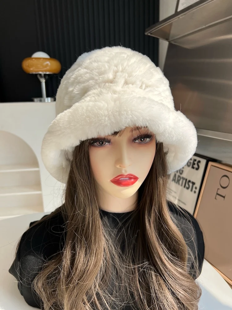 Women Winter Warm Hat 100% Real Rex Rabbit Fur Bomber Hats Lady Genuine Fur Cap Beanies Soft Fluffy Natural Fur Buckrt Hat - Image 5