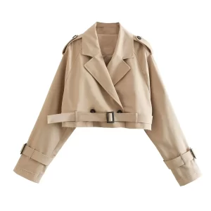 Chic Solid Lapel Belted Short Trench Coat Women Casual Full Sleeve Single Button Crop Coats 2026 Lady Commute Street Windbreaker