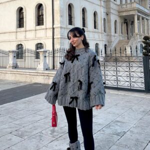 2026 Spring Autumn 3D Bow Knit Women Sweater Elegant Long Sleeve Pleated O-neck Female Knitwear Casual Solid Lady Pullover