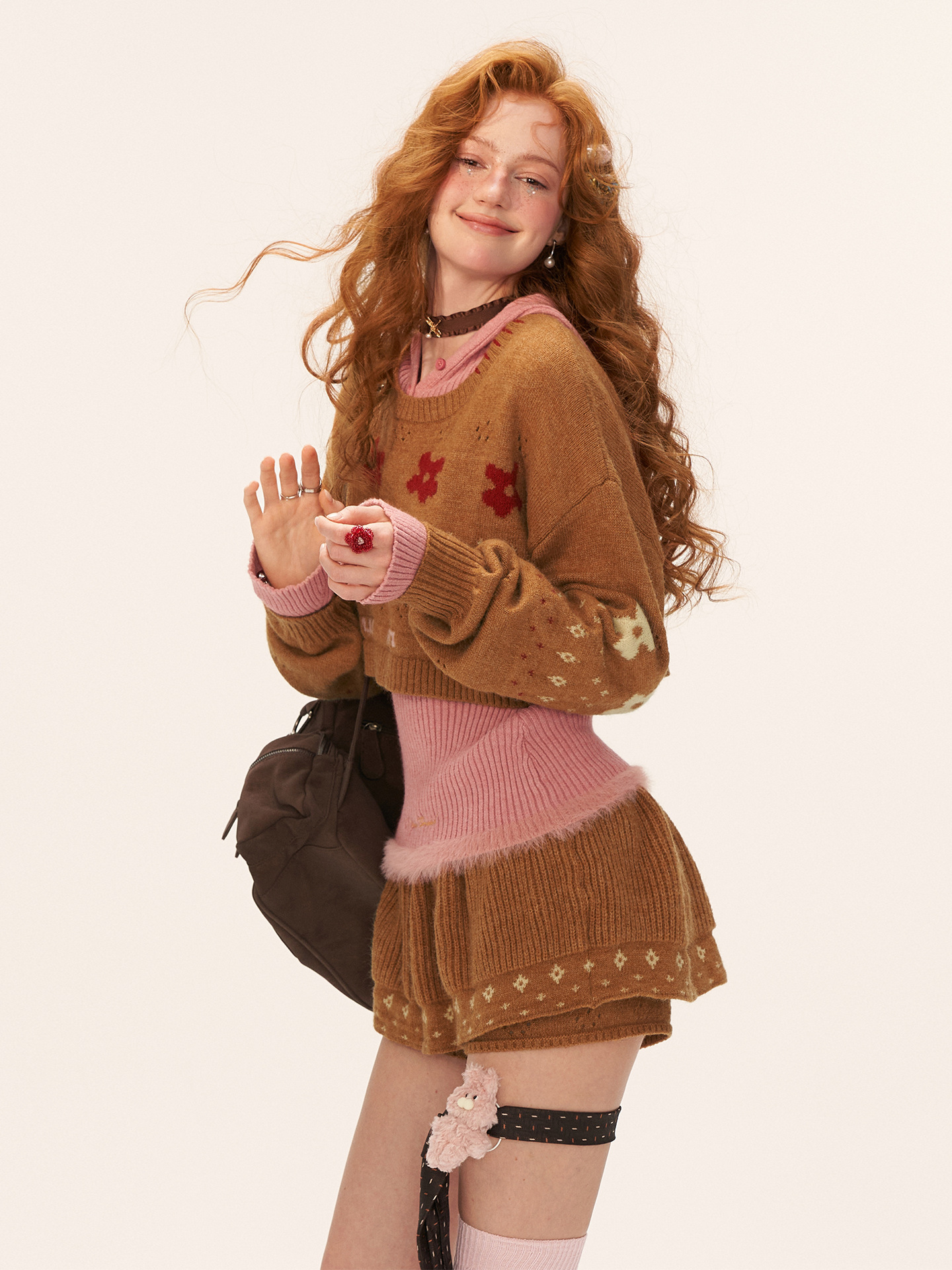 Harajuku star flower jacquard round neck short knitted pullover sweaters for women y2k winter clothes women shorts 2-piece sets - Image 5