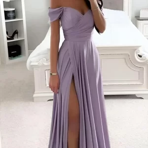 A-line Pleated Satin Bridesmaid Dress for Wedding Women's Off the Shoulder Prom Dress with Slit Long Custom Party Evening Gowns