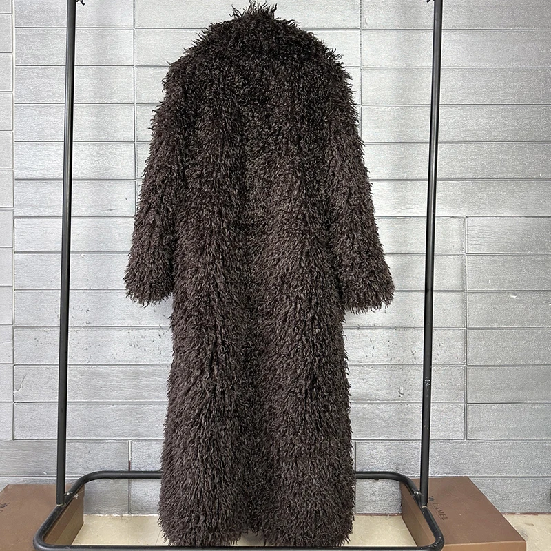 Autumn Winter New Fashion Beach Wool Faux Fur Coat For Women Suit Collar Solid Color Long Overcoat - Image 4