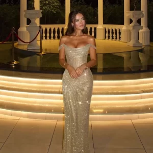 Luxury Off Shoulder Beaded Gold Mermaid Shiny Evening Dress High Slit Gown Formal Wedding Party