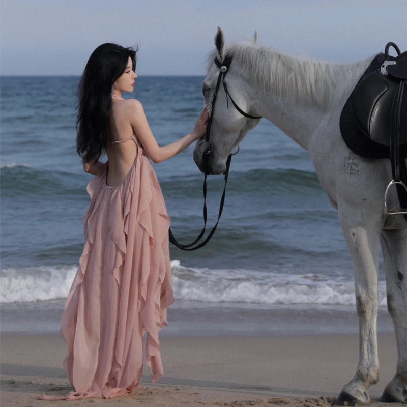 Ele High Waist Asymmetrical Hemline Beach Bal Dr Women's Summer Vaion Strapl Midi Dr Sand Beach Gown - Image 5