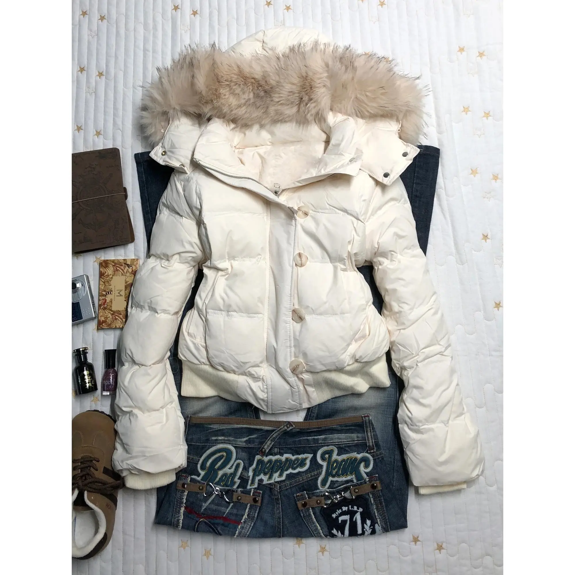 American retro fur collar warm solid color women hooded cotton coat ins winter loose casual slim cotton coat jackets - Image 2