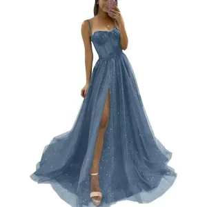 Customized Glitter Tulle Prom Dresses Long Ball Gown Spaghetti Straps Lace Appliques Slit Bridesmaid Dresses Vestidos De Novia