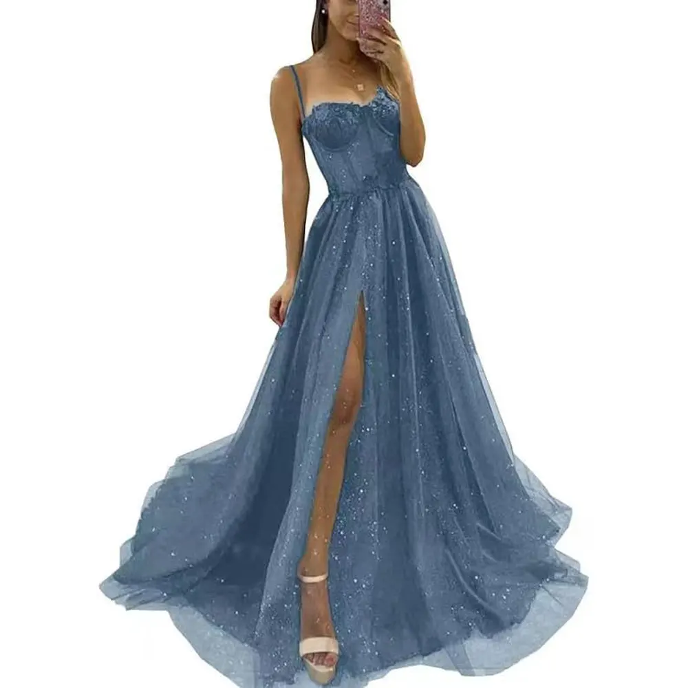 Customized Glitter Tulle Prom Dresses Long Ball Gown Spaghetti Straps Lace Appliques Slit Bridesmaid Dresses Vestidos De Novia
