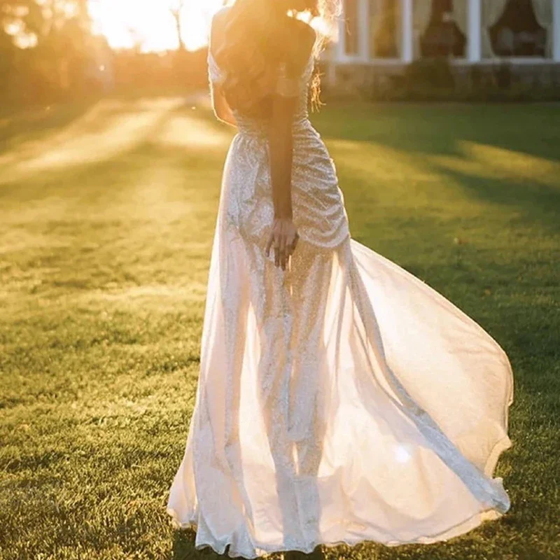 Women Maxi Dress Spring Sexy Strapless High Split Hollow Long Evening Dress Summer Off Shoulder Backless Sharkly Sequins Dresses - Image 4