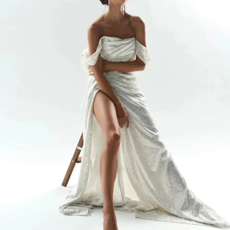 Women Maxi Dress Spring Sexy Strapless High Split Hollow Long Evening Dress Summer Off Shoulder Backless Sharkly Sequins Dresses - Image 5