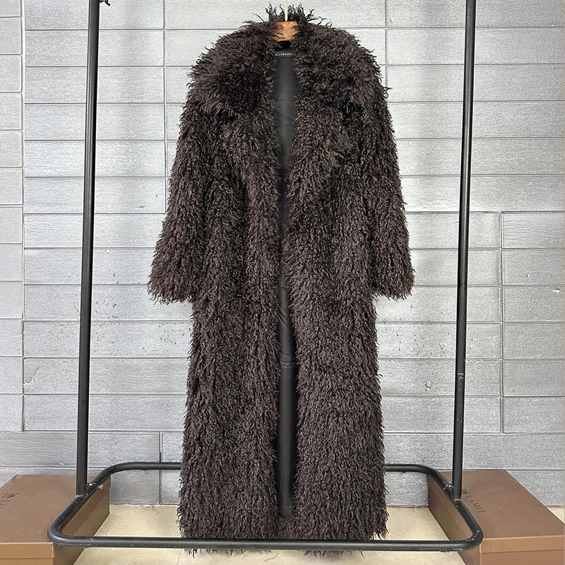 Autumn Winter New Fashion Beach Wool Faux Fur Coat For Women Suit Collar Solid Color Long Overcoat - Image 2