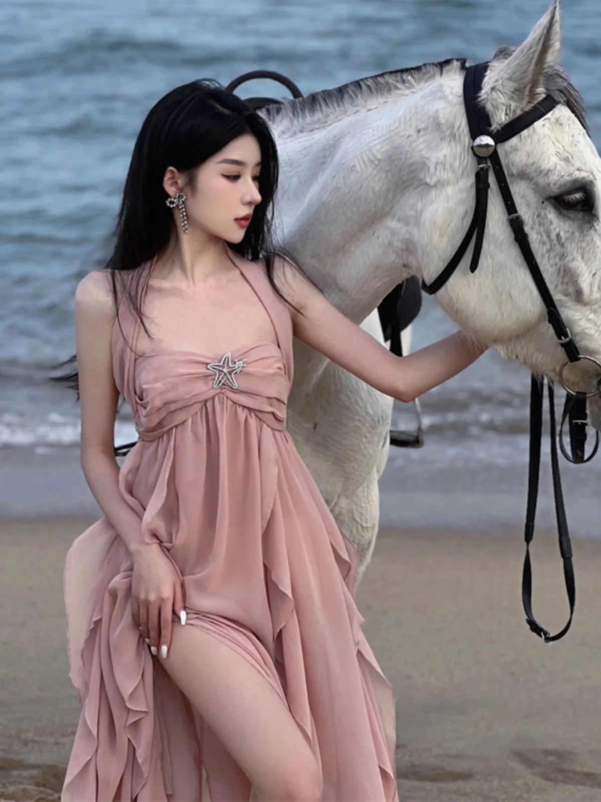 Ele High Waist Asymmetrical Hemline Beach Bal Dr Women's Summer Vaion Strapl Midi Dr Sand Beach Gown - Image 4