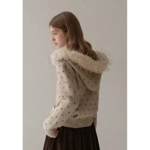 Niche Harajuku striped fur collar warm knitted cardigan hoodies for women aesthetic y2k winter clothes women fashion sweatshirts