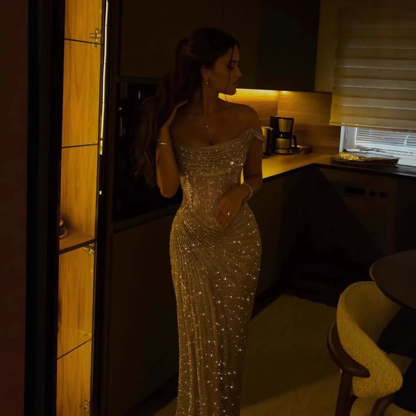 Luxury Off Shoulder Beaded Gold Mermaid Shiny Evening Dress High Slit Gown Formal Wedding Party - Image 6