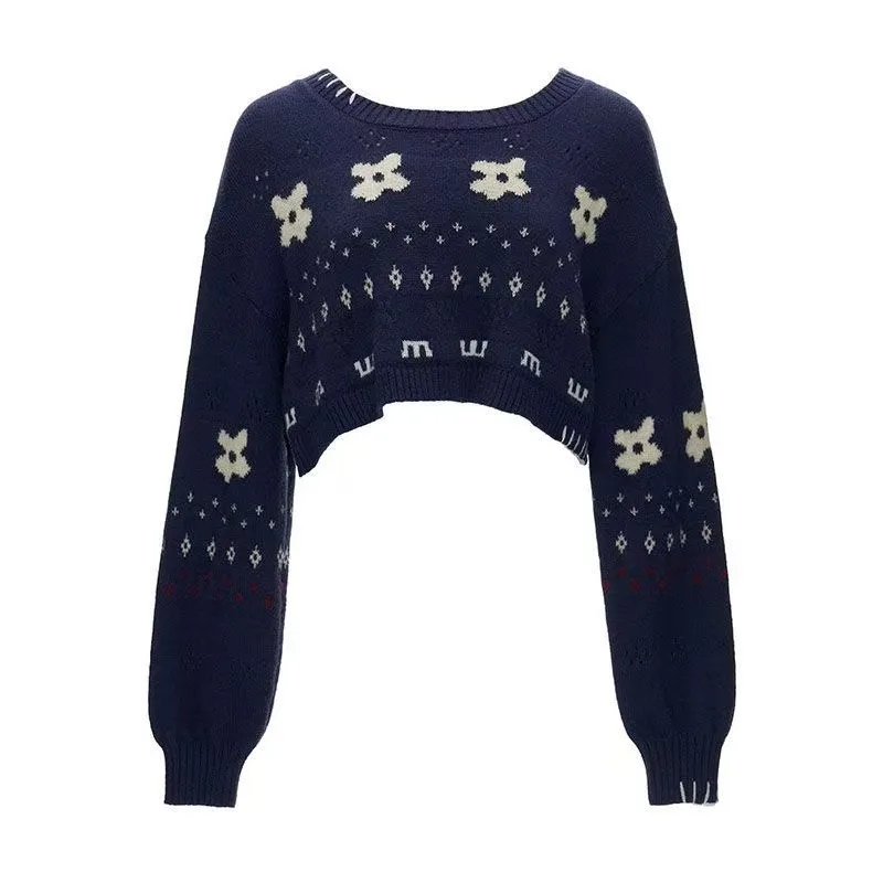 Harajuku star flower jacquard round neck short knitted pullover sweaters for women y2k winter clothes women shorts 2-piece sets - Image 3