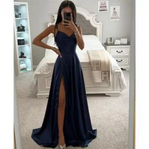 Heart Shaped Neck Satin Prom Dress Elegant Spaghetti Strap A-line Vestidos De Noche Sexy Side Split Graduation Ball Dress