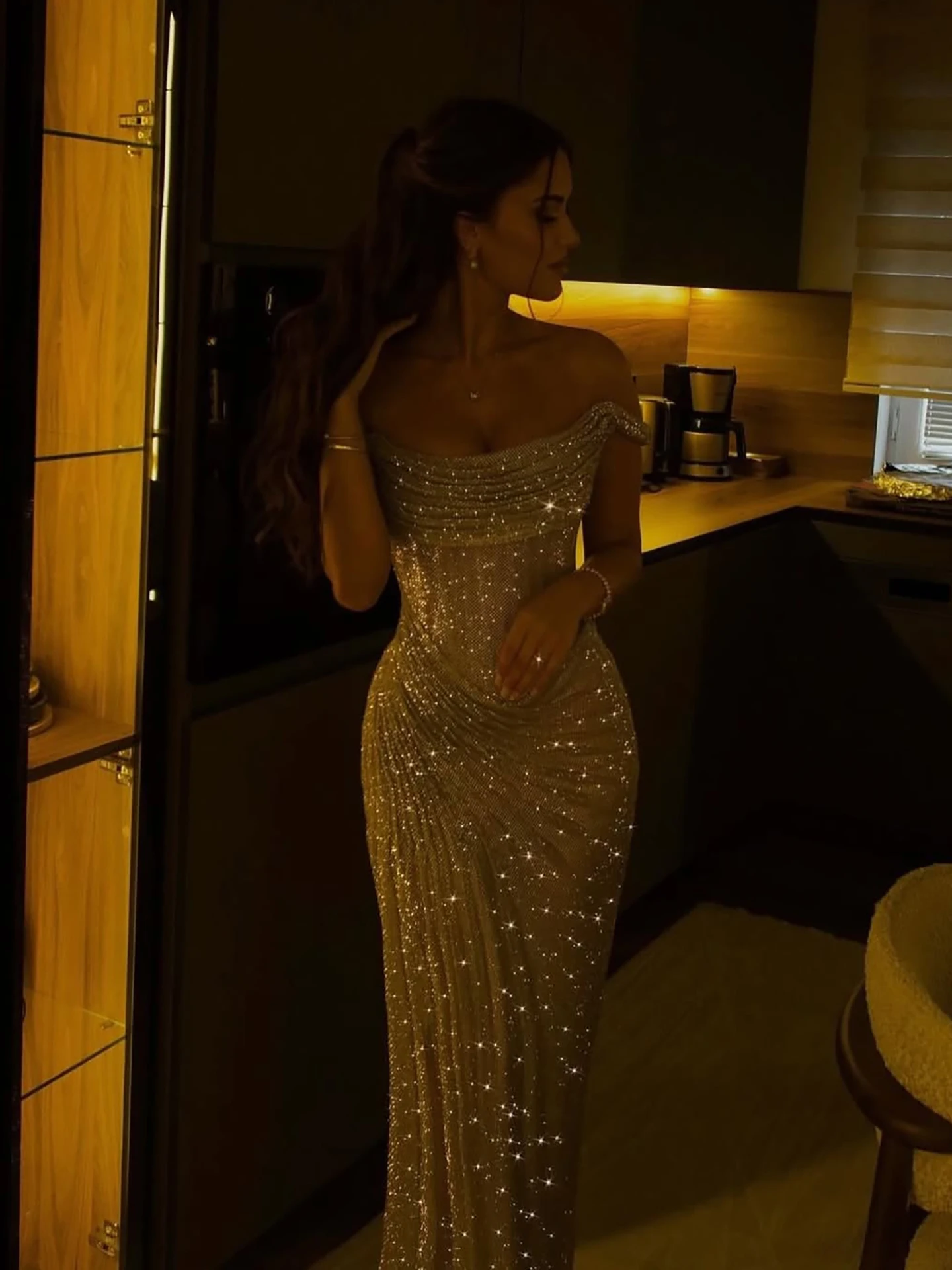 Luxury Off Shoulder Beaded Gold Mermaid Shiny Evening Dress High Slit Gown Formal Wedding Party - Image 5