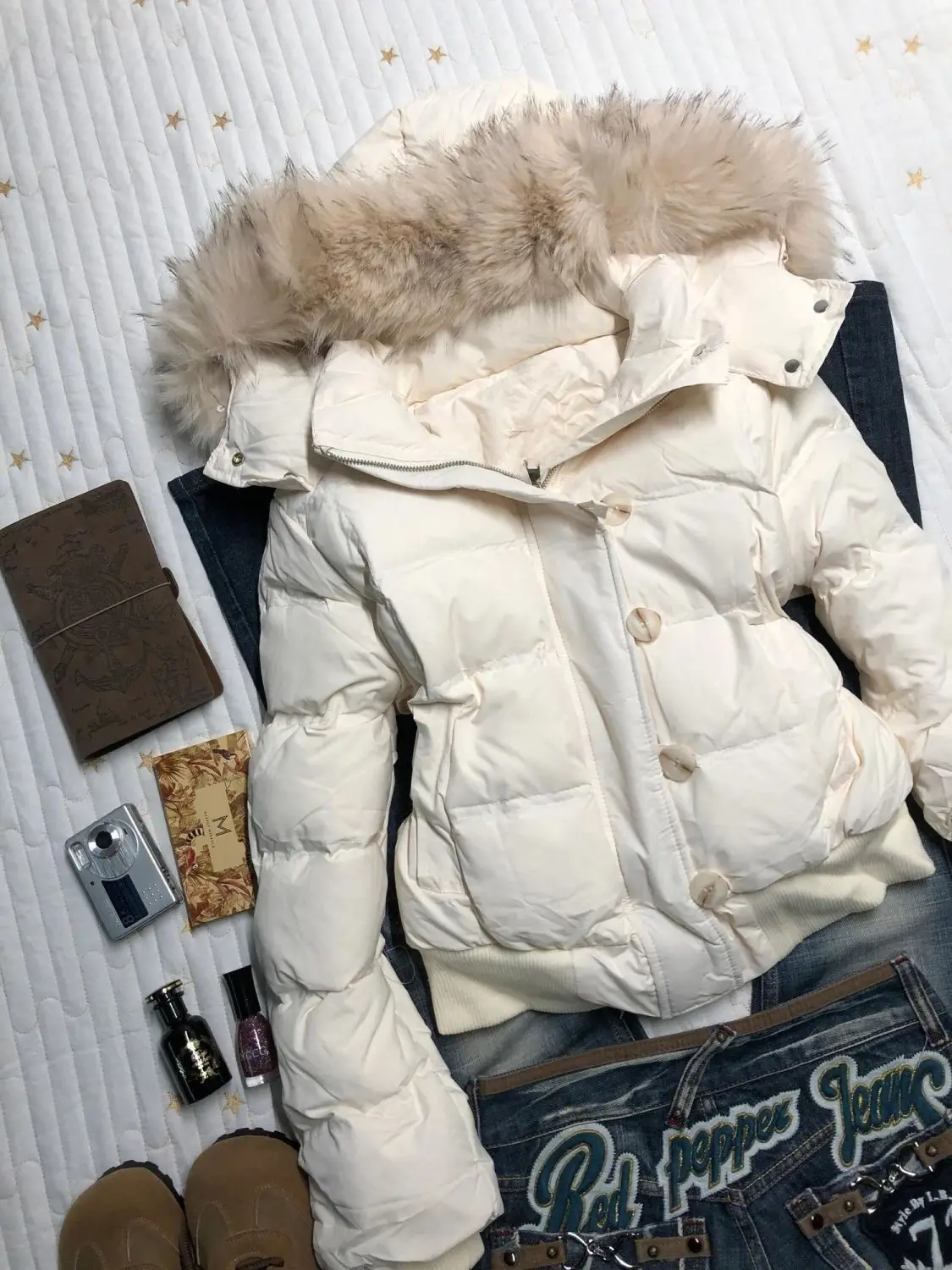 American retro fur collar warm solid color women hooded cotton coat ins winter loose casual slim cotton coat jackets - Image 4