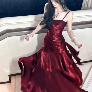 Women Summer New Elegant Ruffled Maxi Dress Light Luxury Bodycon Sling Fishtail Dresses Vintage Party Gown Prom and Events