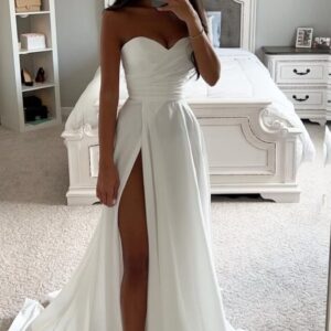 Qanz Classic Satin Wedding Dress High Side Slit White Vestido De Novia Boda Sleeveless Women Robe De MariƩe 2026