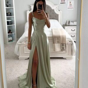 ROSES Sage Green Prom Dresses Side Split Stain Formal Gown Spaghetti Strap Long Evening Dresses Custom Size vestidos de fiesta